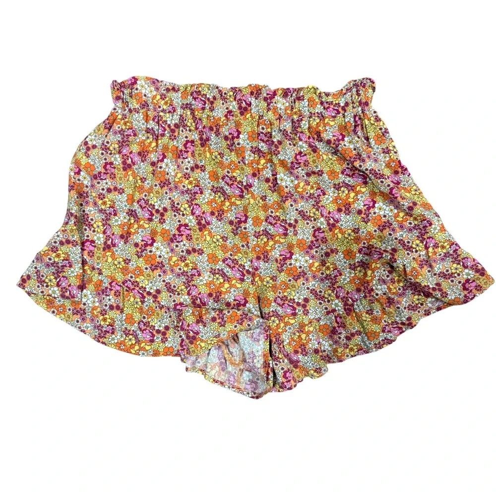 Wild Fable Womens Orange Floral Ruffle Hem Paperbag Waist Shorts Small Retro 70s